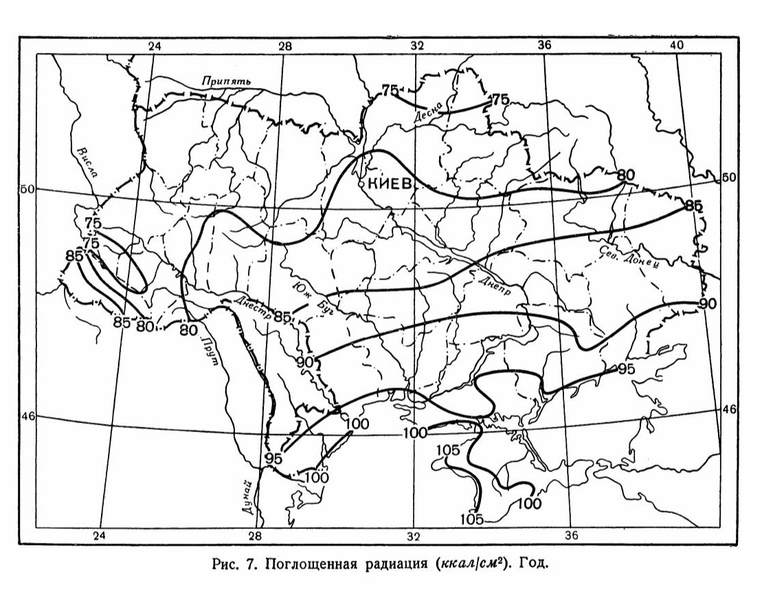 Рис. 7. Поглощенная радиация (ккал/см2). Год. Рис. 7. Поглощенная радиация (ккал/см2). Год.